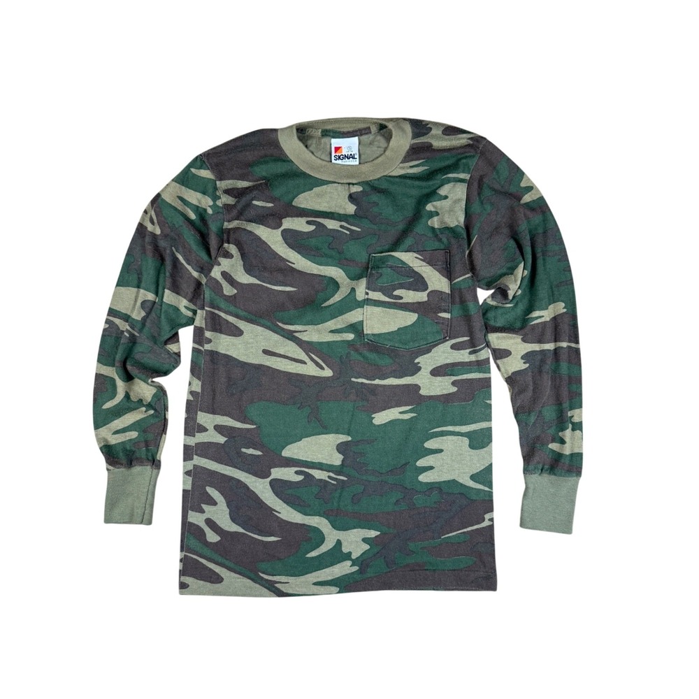 Vtg Signal Camouflage Long Sleeve Pocket Tee Men's Small Green USA Made‎